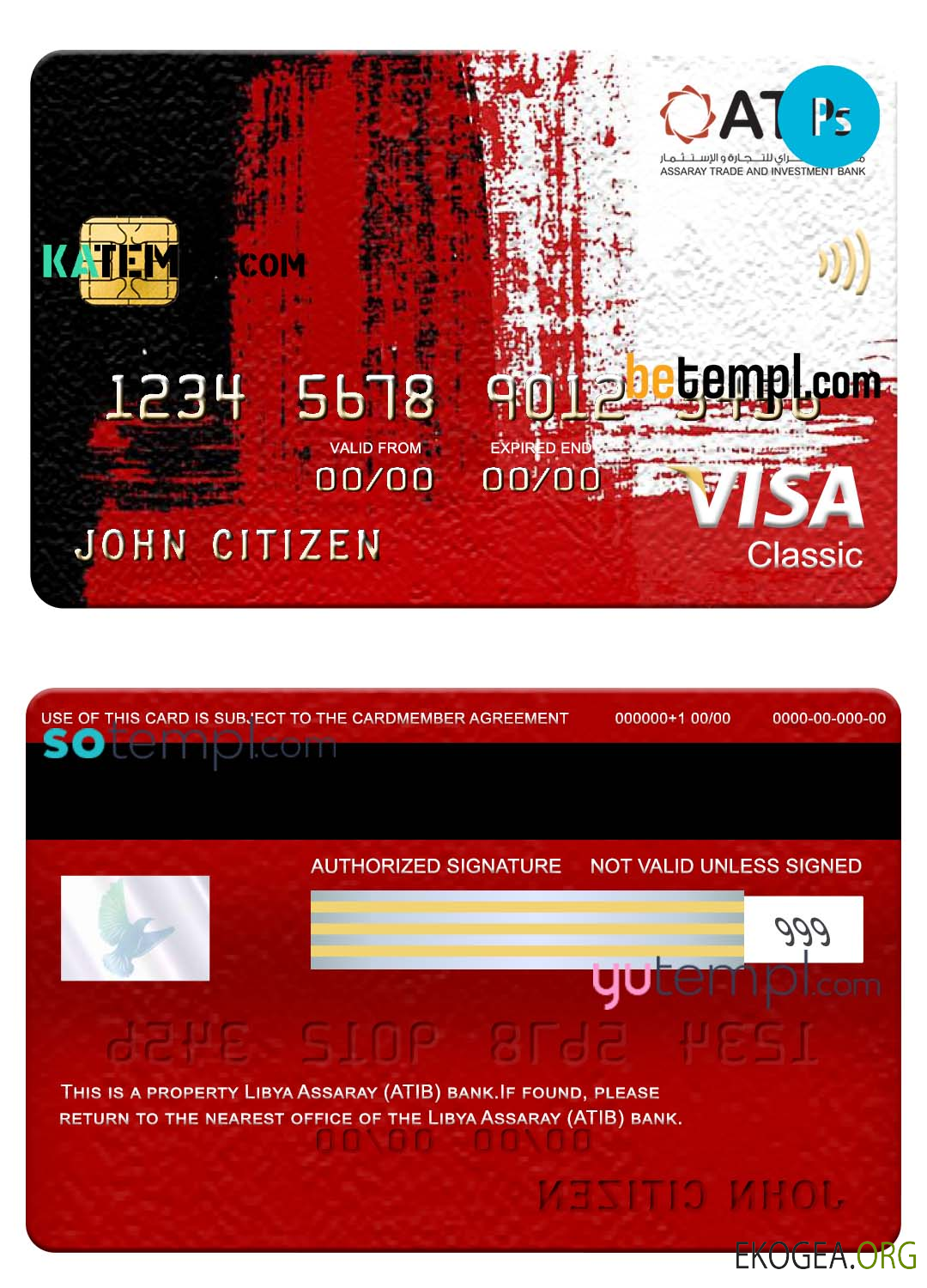 Carte visa classique de la banque Assaray Libye (ATIB), modèle entièrement modifiable au format PSD